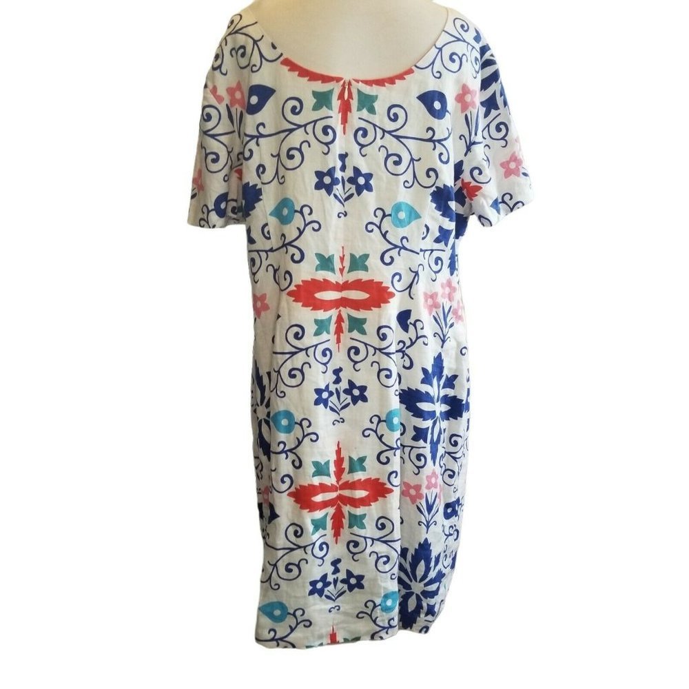 Boden Size 18L Linen Blend Dress White Floral Shirt Sleeve Knee Length Blue Red